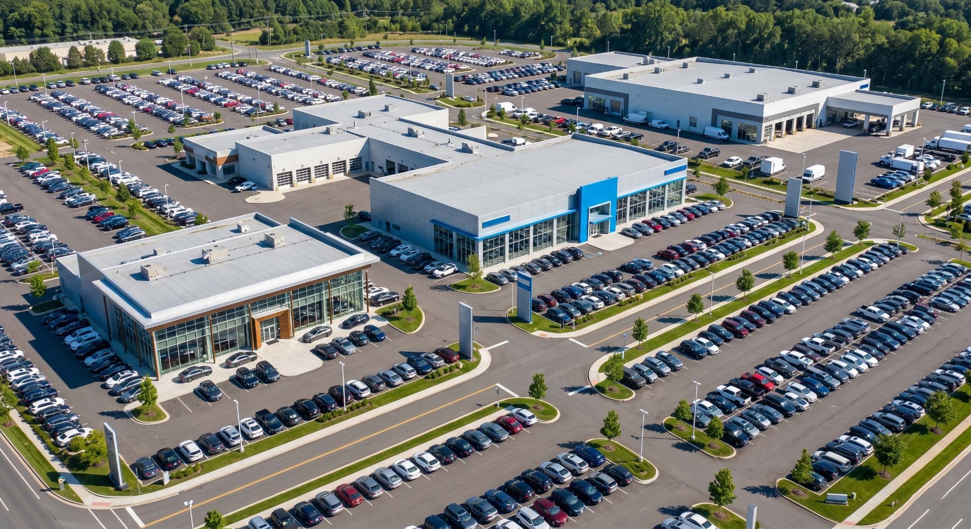 Aerial view of a multi-rooftop auto group campus