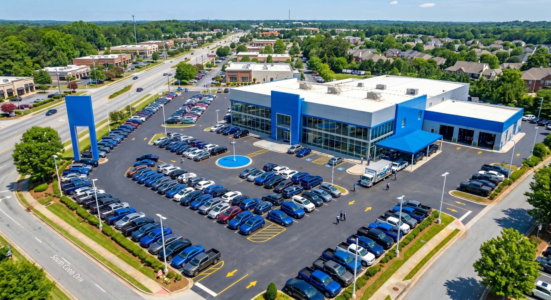 Aerial view of a single-rooftop dealership